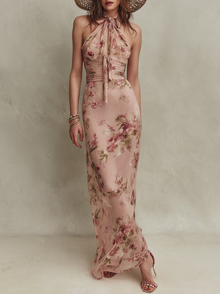 Lia | Robe maxi en mousseline à imprimé floral élégant et encolure goutte d&