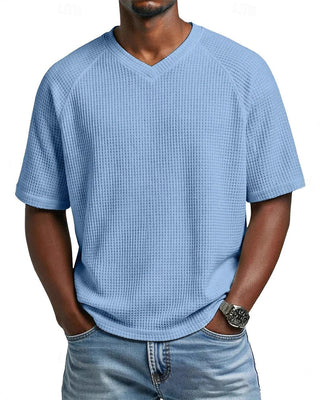 T-Shirt À Col En V En Texture Gaufrée Pour Homme, Haut Décontracté À Manches Courtes Uni