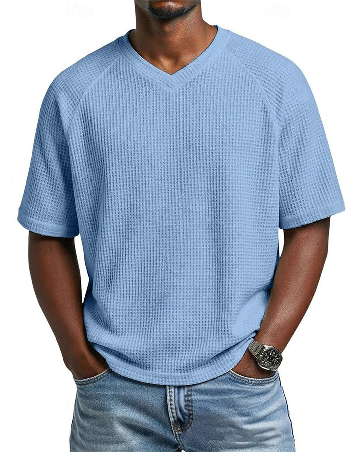 T-Shirt À Col En V En Texture Gaufrée Pour Homme, Haut Décontracté À Manches Courtes Uni