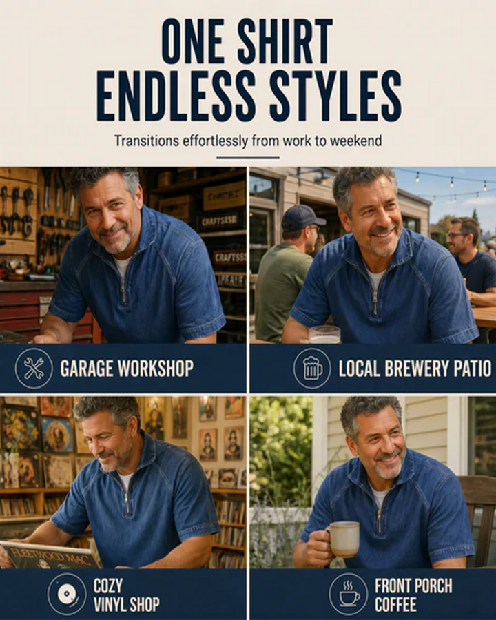 Chemise En Twill Lavé À Fermeture Éclair Manches Courtes