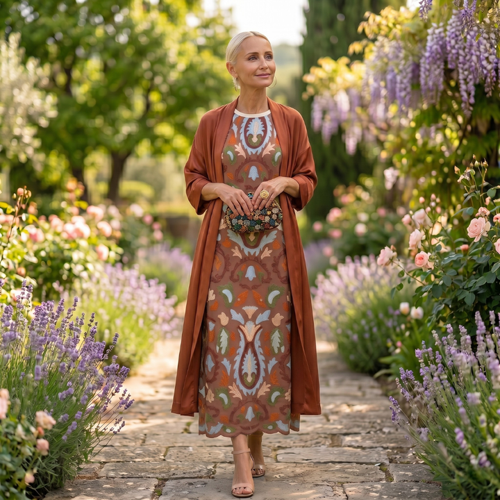 Danielle | Robe longue imprimée et gilet assorti