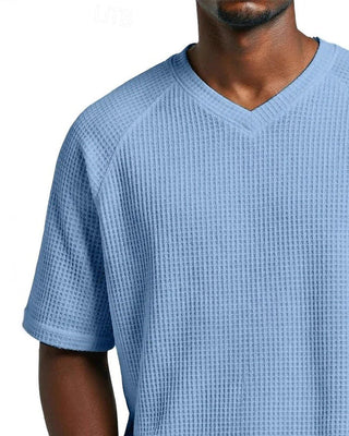 T-Shirt À Col En V En Texture Gaufrée Pour Homme, Haut Décontracté À Manches Courtes Uni