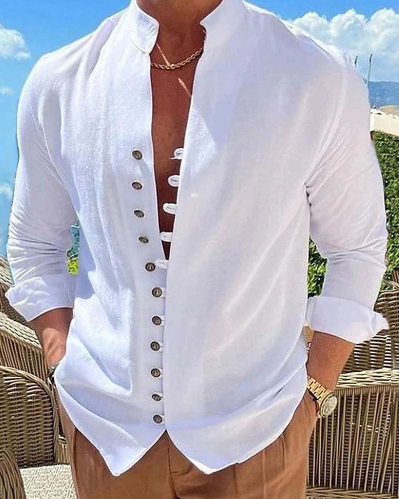 Chemise Hommes Vintage Col Mandarin Bouton