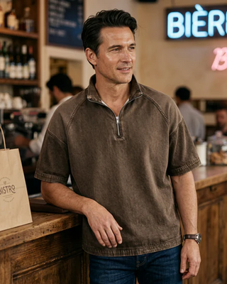 Chemise En Twill Lavé À Fermeture Éclair Manches Courtes