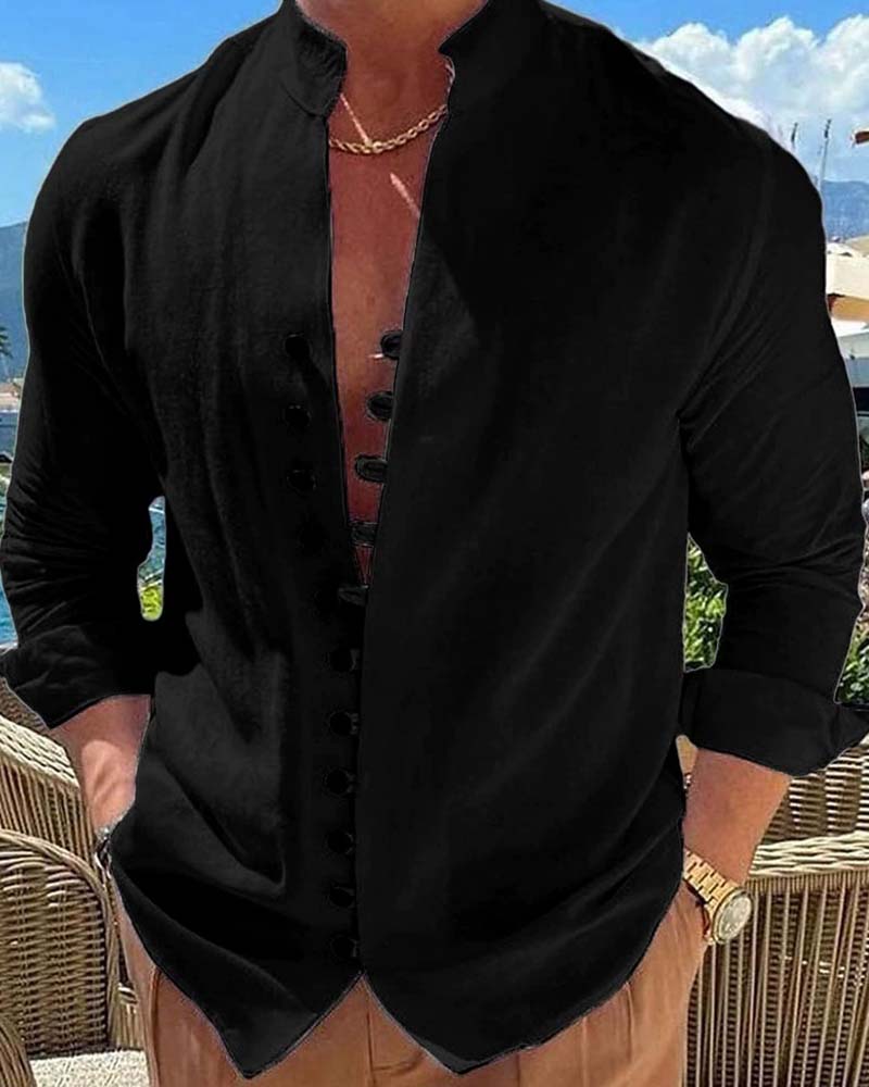 Chemise Hommes Vintage Col Mandarin Bouton