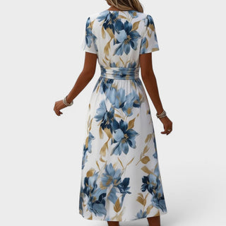 Éléa | Robe Midi Portefeuille Fleurie Dorée