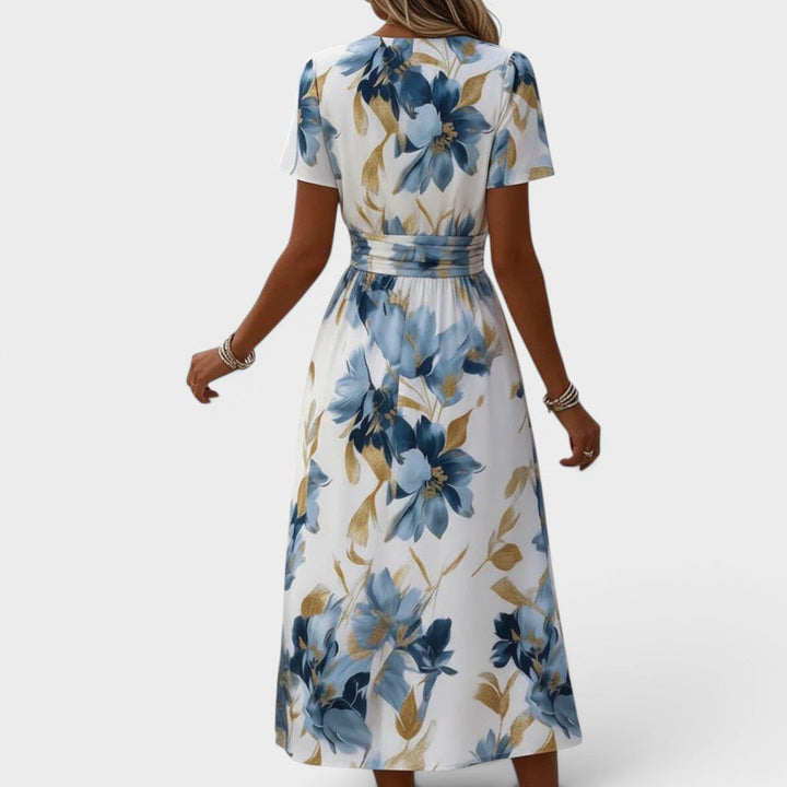 Éléa | Robe Midi Portefeuille Fleurie Dorée