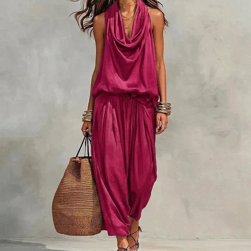 Ambre | Ensemble Fluide Haut Halter Drapé et Pantalon