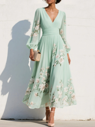 Susane | Robe maxi plissée en mousseline vert menthe à imprimé fleuri pour femme