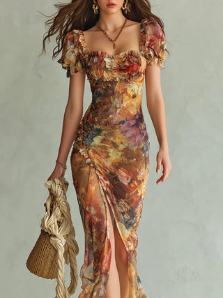 Violette | Robe maxi en mousseline orange à imprimé peinture à l&