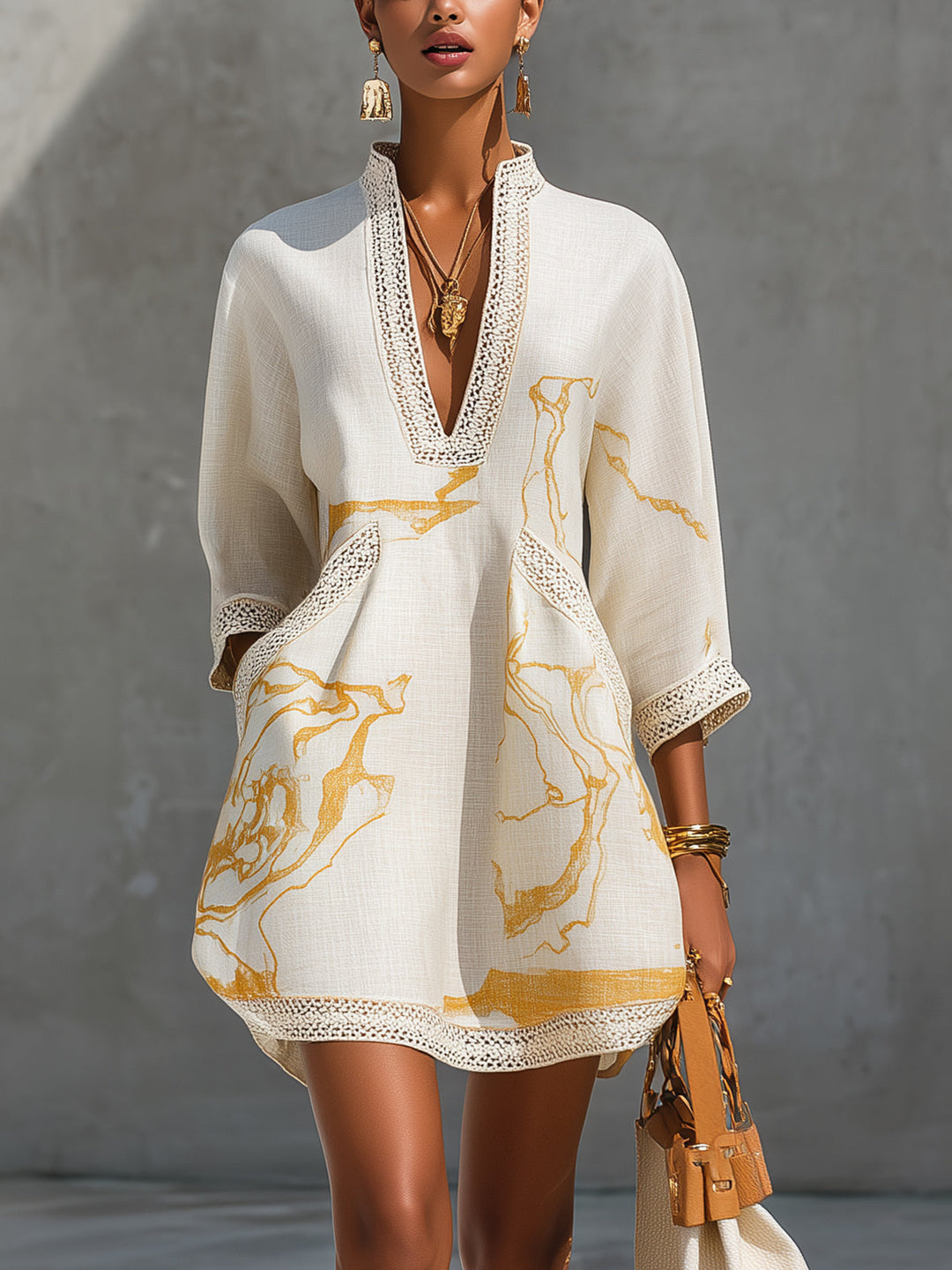 Ivoire | Mini Robe en Viscose, Imprimé Or Ivoire