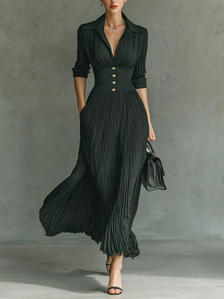 Elvire | Robe Longue Plissée à Revers et Taille Haute