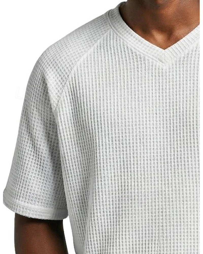 T-Shirt À Col En V En Texture Gaufrée Pour Homme, Haut Décontracté À Manches Courtes Uni