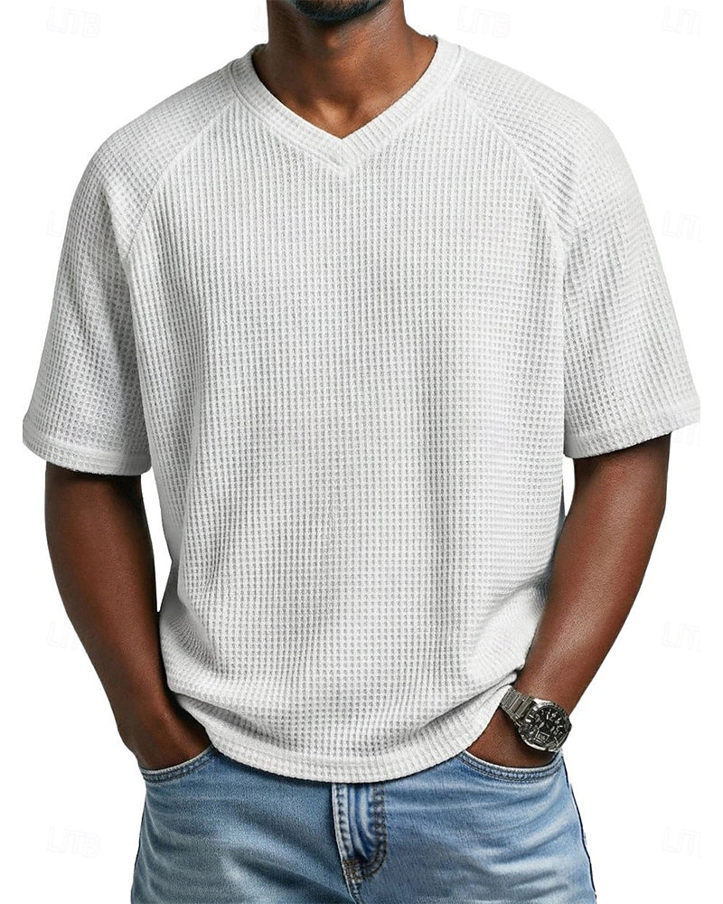 T-Shirt À Col En V En Texture Gaufrée Pour Homme, Haut Décontracté À Manches Courtes Uni