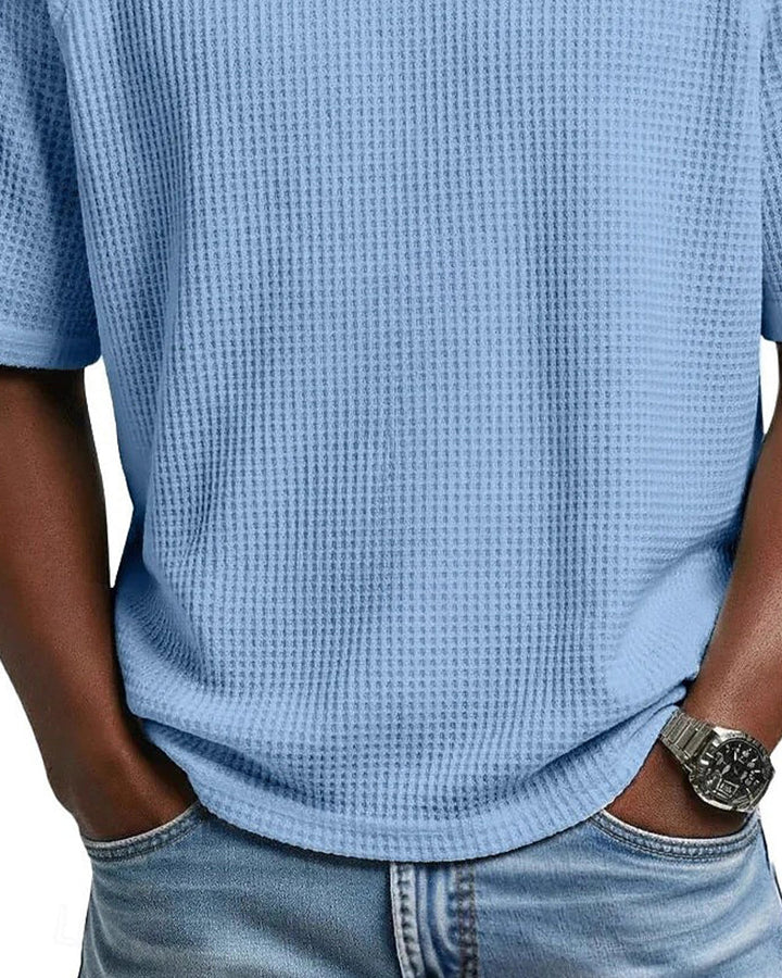 T-Shirt À Col En V En Texture Gaufrée Pour Homme, Haut Décontracté À Manches Courtes Uni