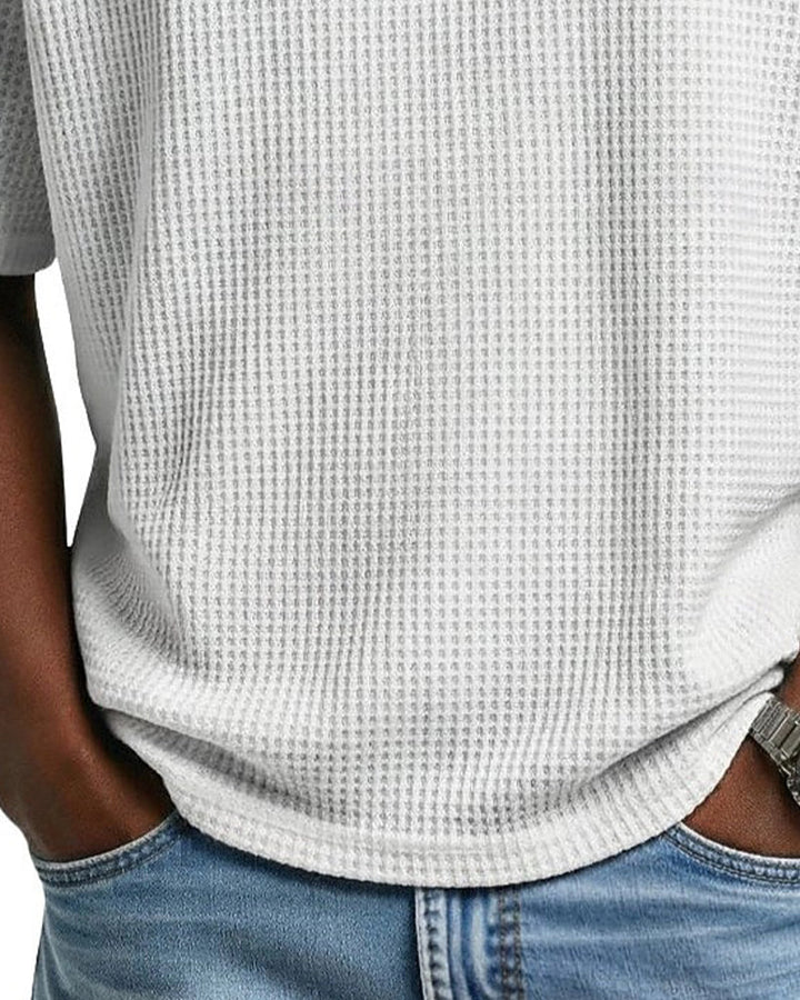 T-Shirt À Col En V En Texture Gaufrée Pour Homme, Haut Décontracté À Manches Courtes Uni