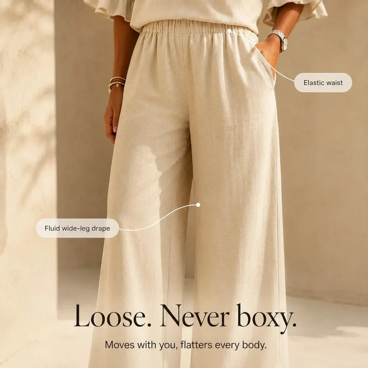 Louna | Ensemble Effet Lin à Manches Volantées et Pantalon Large