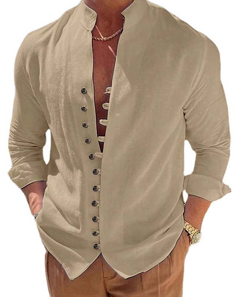 Chemise Hommes Vintage Col Mandarin Bouton