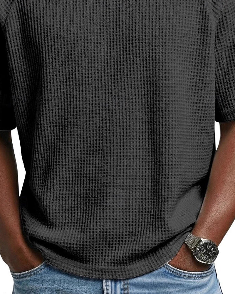 T-Shirt À Col En V En Texture Gaufrée Pour Homme, Haut Décontracté À Manches Courtes Uni