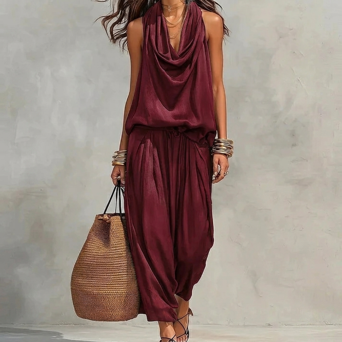 Ambre | Ensemble Fluide Haut Halter Drapé et Pantalon