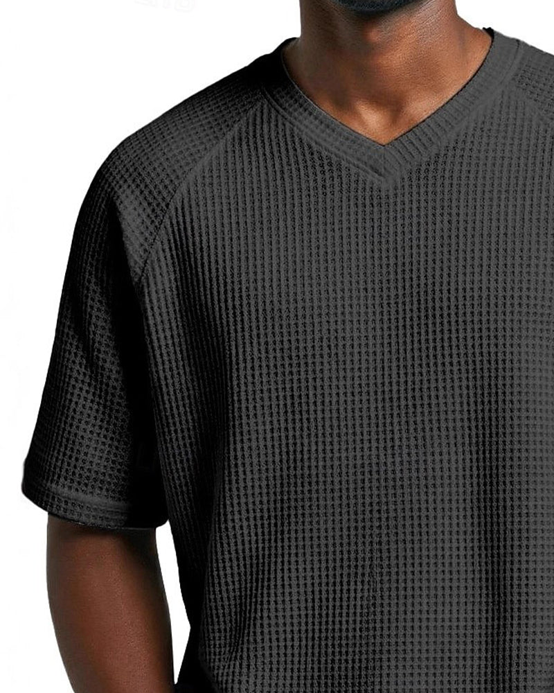 T-Shirt À Col En V En Texture Gaufrée Pour Homme, Haut Décontracté À Manches Courtes Uni