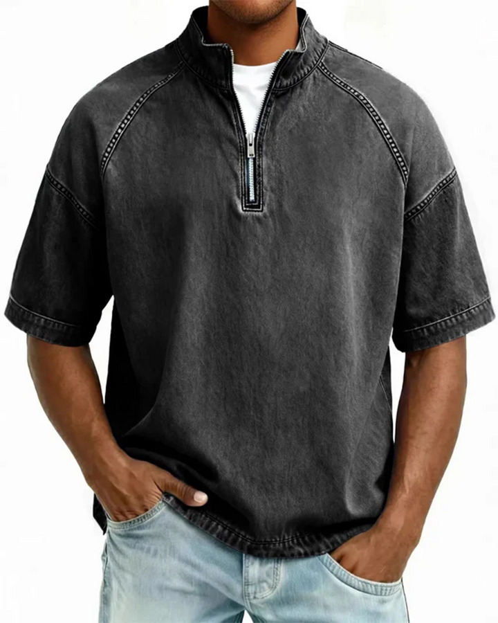 Chemise En Twill Lavé À Fermeture Éclair Manches Courtes