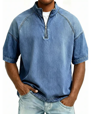 Chemise En Twill Lavé À Fermeture Éclair Manches Courtes