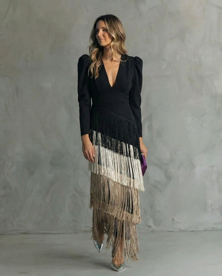 Claire™ | Robe midi élégante à manches frangées